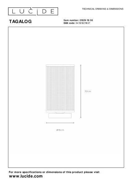 Lucide TAGALOG - Lampe de table - Ø 15 cm - 1xE27 - Noir - technique